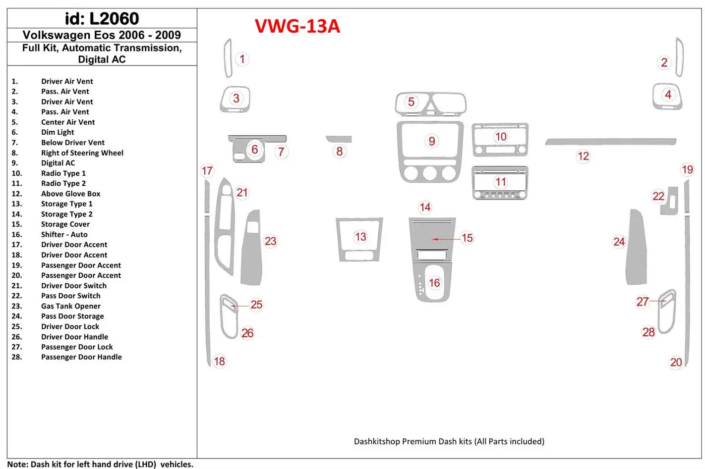 Volkswagen EOS 2006-UP Full Set, Automatic Gear Cruscotto BD Rivestimenti interni