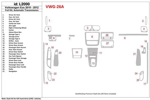 Volkswagen EOS 2013-UP Full Set, Automatic Gearbox Cruscotto BD Rivestimenti interni