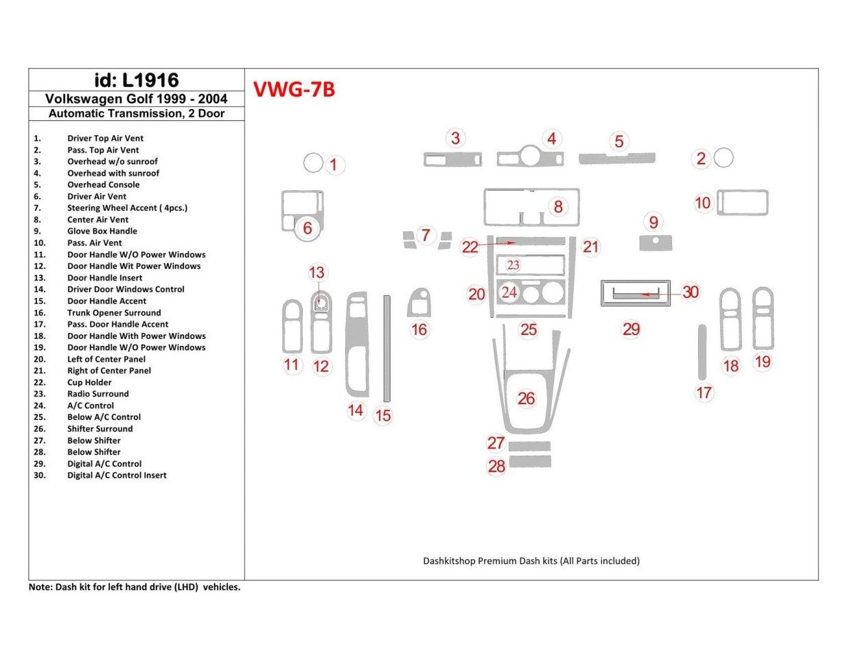 Volkswagen Golf 1999-2004 2 Doors, Automatic Gear Cruscotto BD Rivestimenti interni
