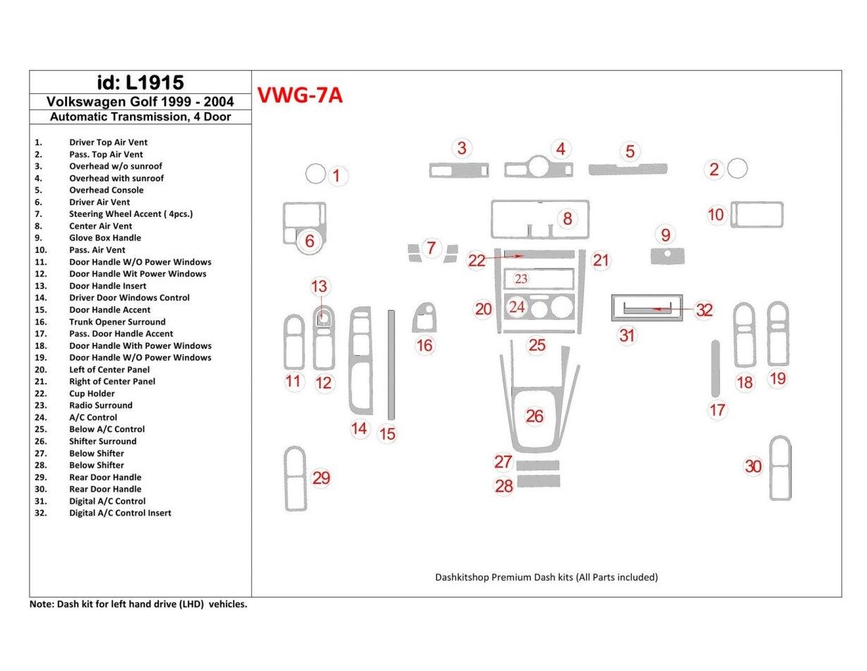 Volkswagen Golf 1999-2004 4 Doors, Automatic Gear Cruscotto BD Rivestimenti interni