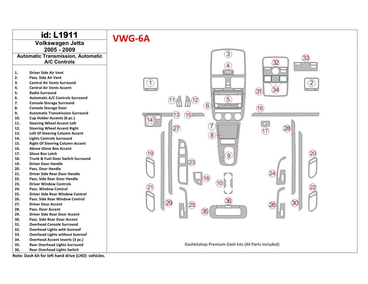 Volkswagen Jetta 2005-2009 Automatic Gear, Auto AC Control Cruscotto BD Rivestimenti interni
