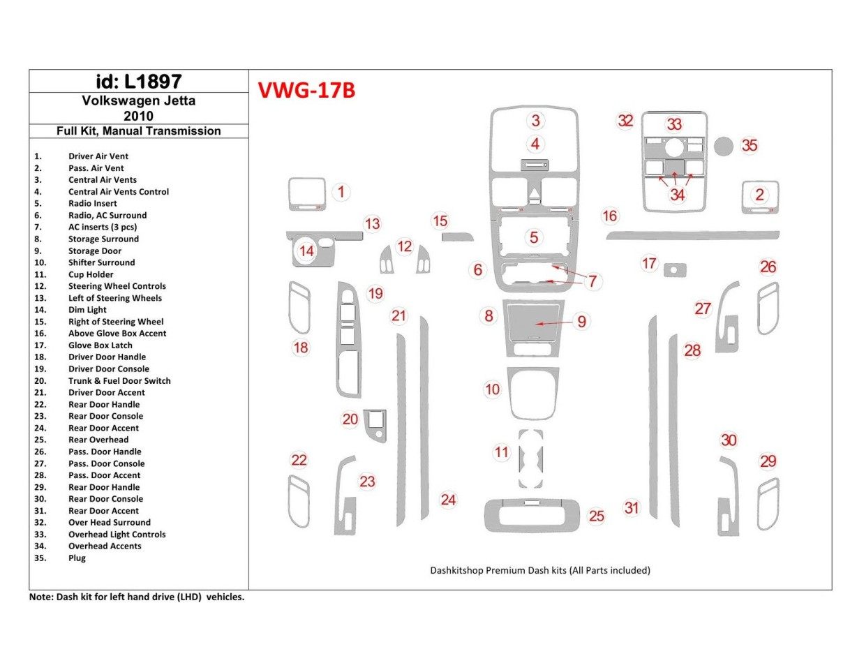 Volkswagen Jetta 2010-2010 Full Set, Manual Gear Box Cruscotto BD Rivestimenti interni Volkswagen Jetta 2010-2010 Full Set, Manual Gear Box Cruscotto BD Rivestimenti interni