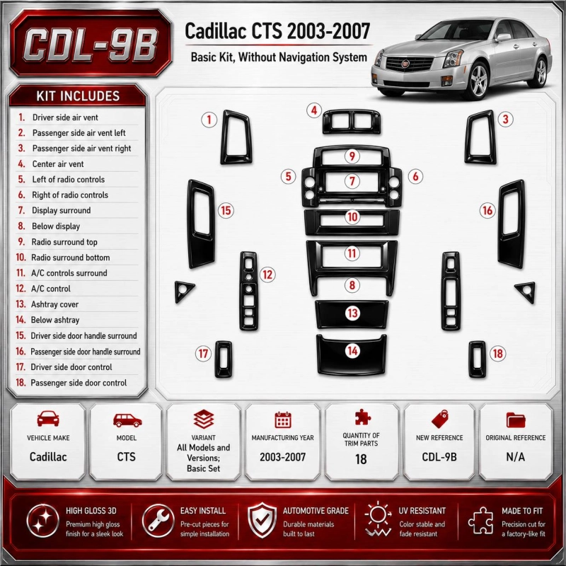Cadillac CTS 2003-2007 Basic Set kit rivestimento cruscotto e interni 3D 18 pezzi