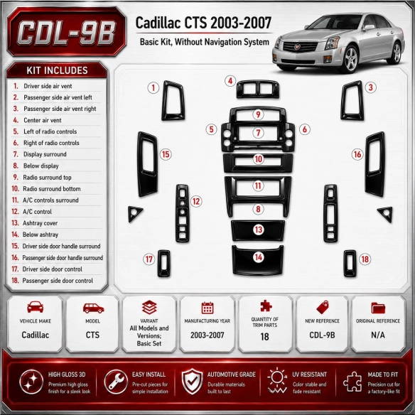 Cadillac CTS 2003-2007 Basic Set kit rivestimento cruscotto e interni 3D 18 pezzi