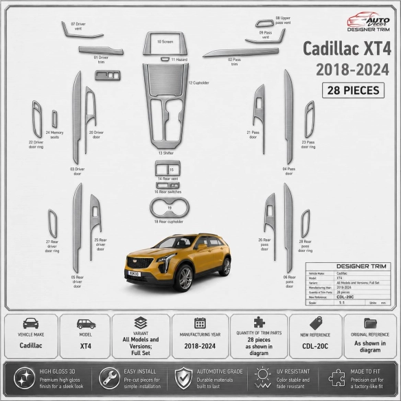 Cadillac XT4 2018-2024 set completo kit rivestimento cruscotto e interni 3D 28 pezzi