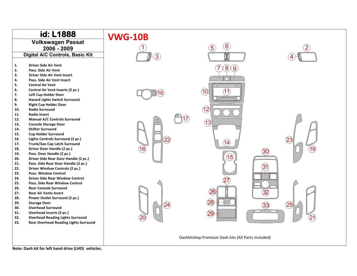 Volkswagen Passat 2006-2009 Manual Gearbox AC Controls, Basic Set Cruscotto BD Rivestimenti interni