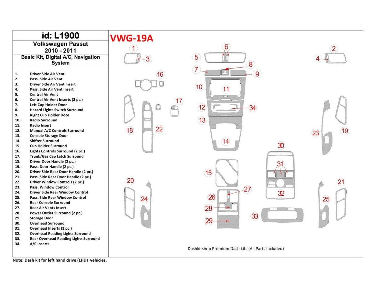 Volkswagen Passat 2010-UP Basic Set, Automatic A/C, Navigation system Cruscotto BD Rivestimenti interni