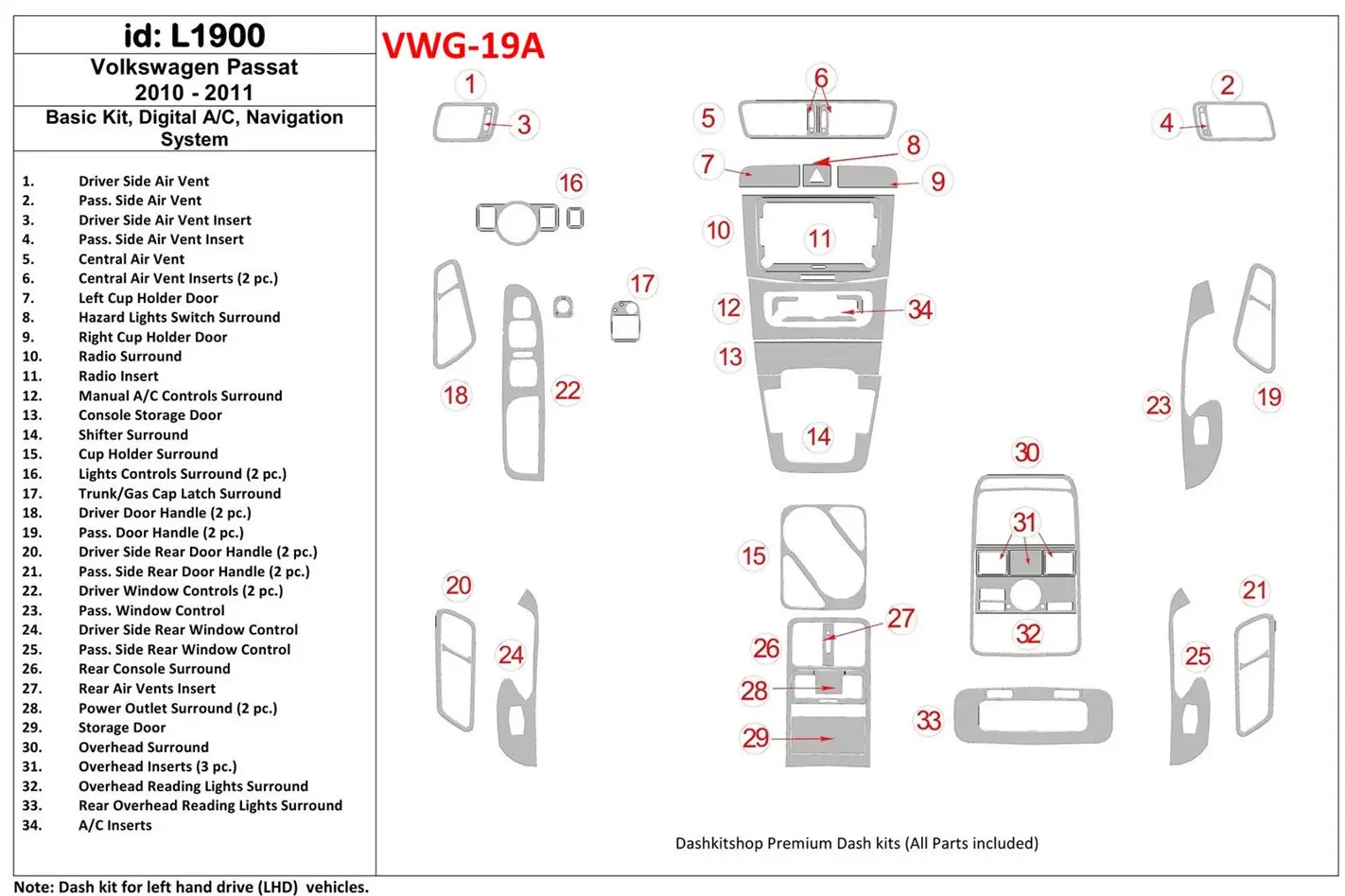 Volkswagen Passat 2010-UP Basic Set, Automatic A/C, Navigation system Cruscotto BD Rivestimenti interni
