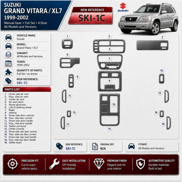Suzuki Grand Vitara 1999-2002 Suzuki Gr? Vitara / XL71999-in poi cambio manuale set completo 4D kit rivestimento cruscotto e int