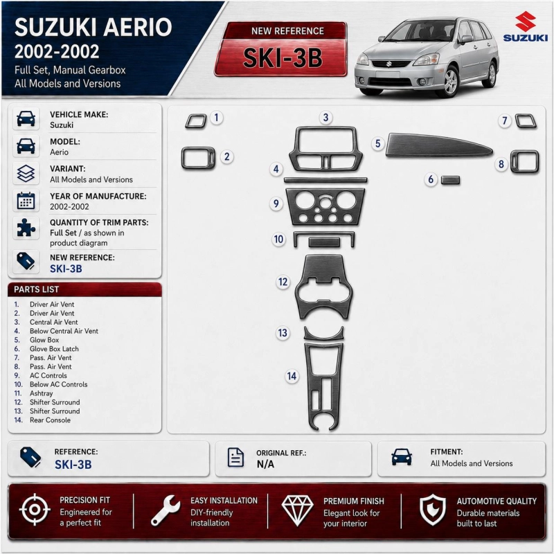 Suzuki Aerio 2002-2002 set completo; cambio manuale kit rivestimento cruscotto e interni 3D