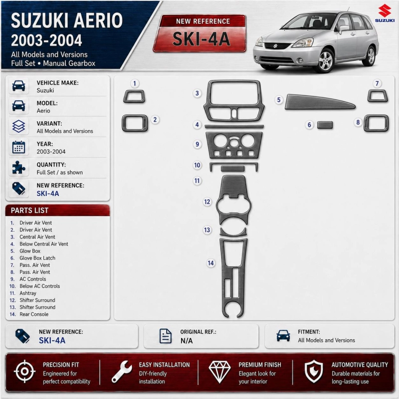 Suzuki Aerio 2003-2004 set completo; cambio manuale kit rivestimento cruscotto e interni 3D