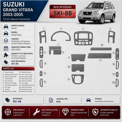 Suzuki Grand Vitara 2003-2005 set completo; cambio manuale kit rivestimento cruscotto e interni 3D