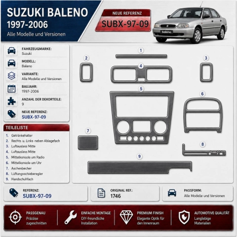 Suzuki Baleno 1997-2006 kit rivestimento cruscotto e interni 3D 9 pezzi
