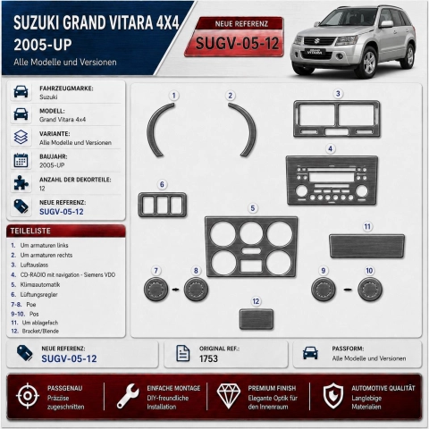 Suzuki Grand vitara 4x4 2005-in poi kit rivestimento cruscotto e interni 3D 12 pezzi