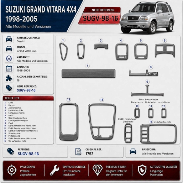 Suzuki Grand vitara 4x4 1998-2005 kit rivestimento cruscotto e interni 3D 16 pezzi
