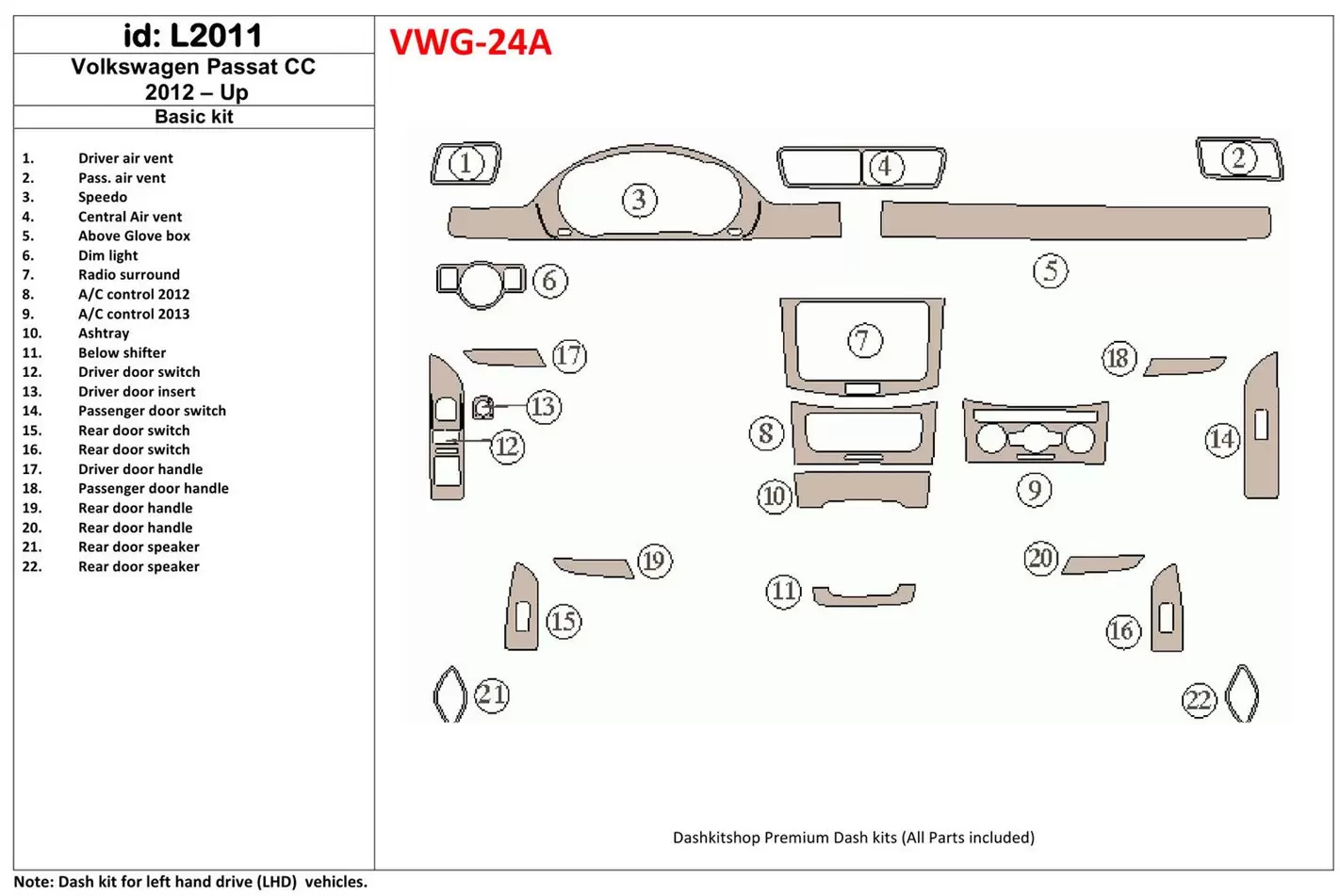 Volkswagen Passat CC 2012-UP Basic Set Cruscotto BD Rivestimenti interni