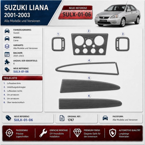 Suzuki Liana 2001-2003 kit rivestimento cruscotto e interni 3D 6 pezzi