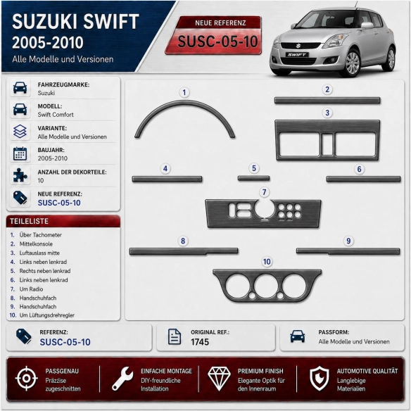 Suzuki Swift Comfort 2005-2010 kit rivestimento cruscotto e interni 3D 10 pezzi