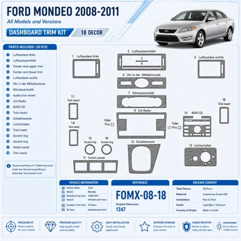 Ford Mondeo 2008-2011 kit rivestimento cruscotto e interni 3D 18 pezzi