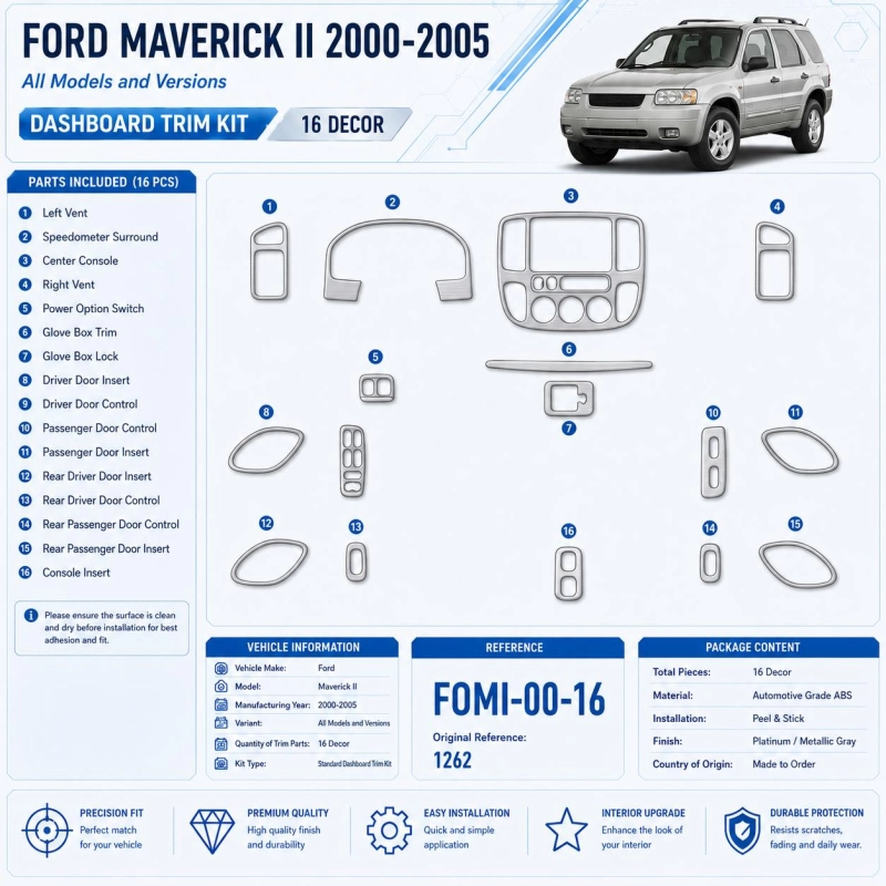Ford Maverick II 2000-2005 kit rivestimento cruscotto e interni 3D 16 pezzi