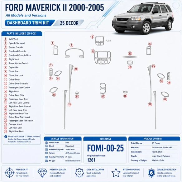 Ford Maverick II 2000-2005 kit rivestimento cruscotto e interni 3D 25 pezzi