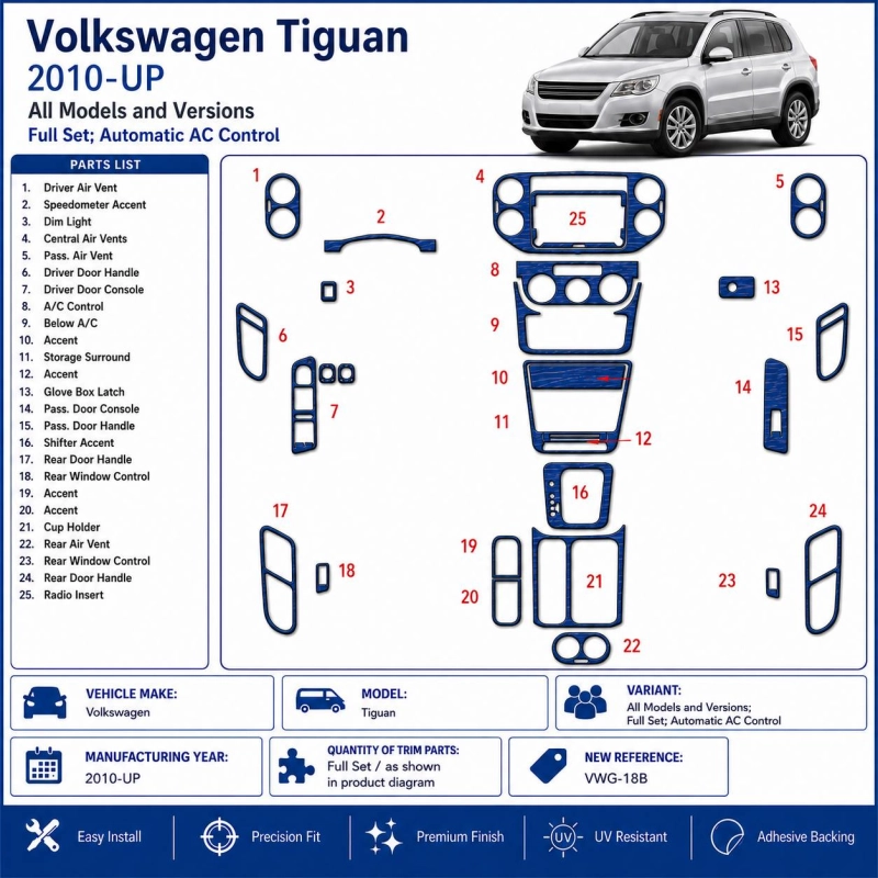 Volkswagen Tiguan 2010-in poi set completo; Automatic comandi climatizzatore kit rivestimento cruscotto e interni 3D