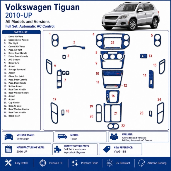 Volkswagen Tiguan 2010-in poi set completo; Automatic comandi climatizzatore kit rivestimento cruscotto e interni 3D