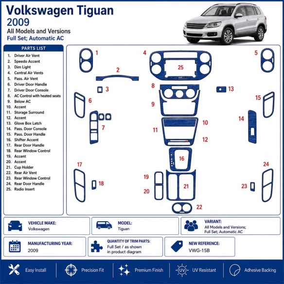 Volkswagen Tiguan 2009-2009 set completo; Automatic AC kit rivestimento cruscotto e interni 3D