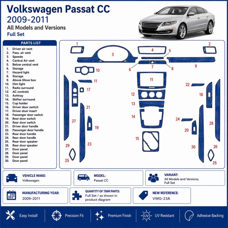 Volkswagen Passat CC 2009-2011 set completo kit rivestimento cruscotto e interni 3D