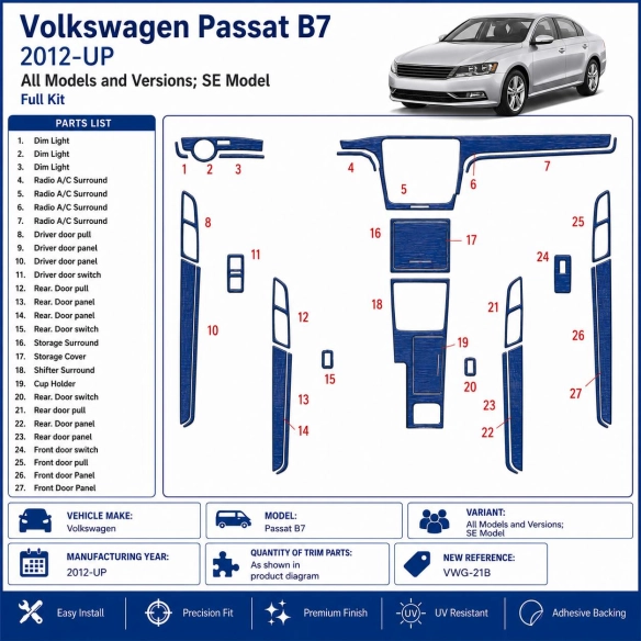 Volkswagen Passat B7 2012-in poi SE Model kit rivestimento cruscotto e interni 3D