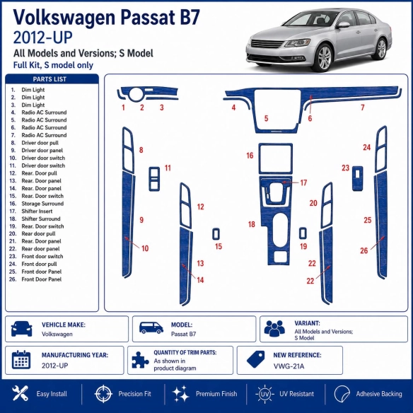 Volkswagen Passat B7 2012-in poi S Model kit rivestimento cruscotto e interni 3D