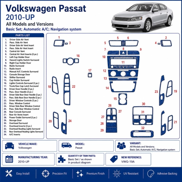 Volkswagen Passat 2010-in poi Basic Set; Automatic A / C; sistema di navigazione kit rivestimento cruscotto e interni 3D