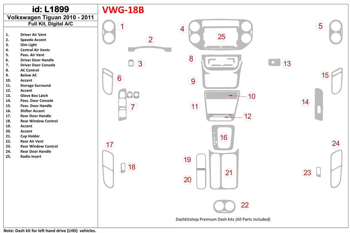 Volkswagen Tiguan 2010-UP Full Set, Automatic AC Control Cruscotto BD Rivestimenti interni