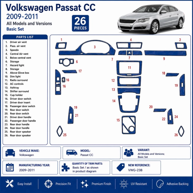 Volkswagen Passat CC 2009-2011 Basic Set kit rivestimento cruscotto e interni 3D