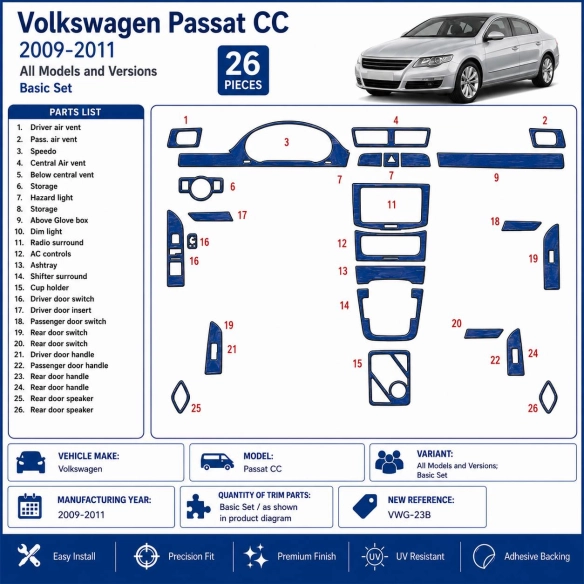 Volkswagen Passat CC 2009-2011 Basic Set kit rivestimento cruscotto e interni 3D