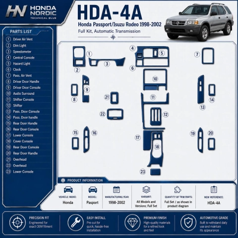 Honda Pasport 1998-2002 set completo kit rivestimento cruscotto e interni 3D