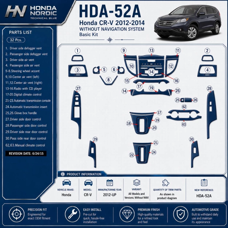 Honda CR-V 2012-in poi senza navigatore kit rivestimento cruscotto e interni 3D