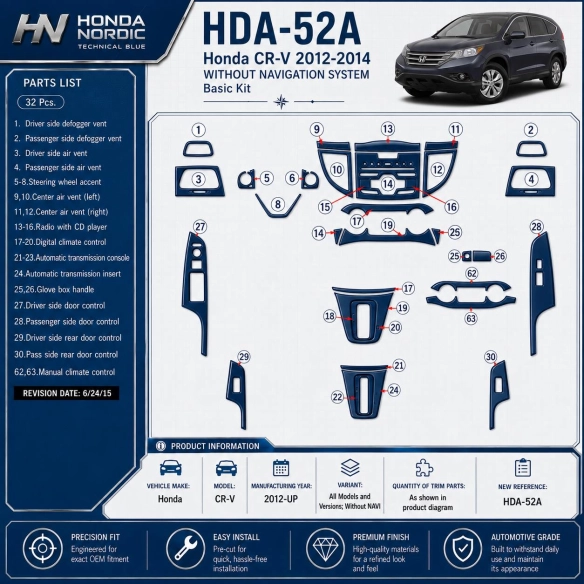 Honda CR-V 2012-in poi senza navigatore kit rivestimento cruscotto e interni 3D