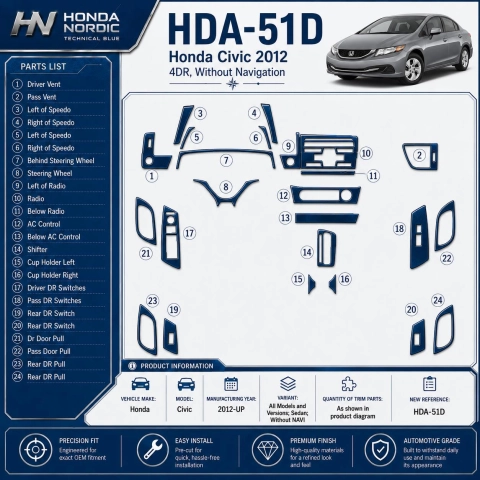 Honda Civic 2012-in poi Sedan; senza navigatore kit rivestimento cruscotto e interni 3D