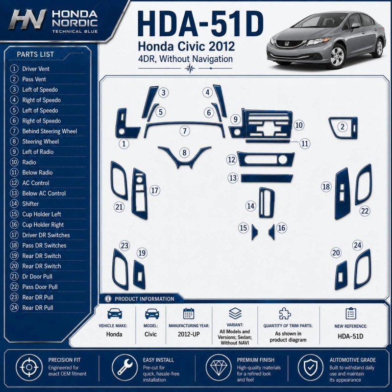 Honda Civic 2012-in poi Sedan; senza navigatore kit rivestimento cruscotto e interni 3D