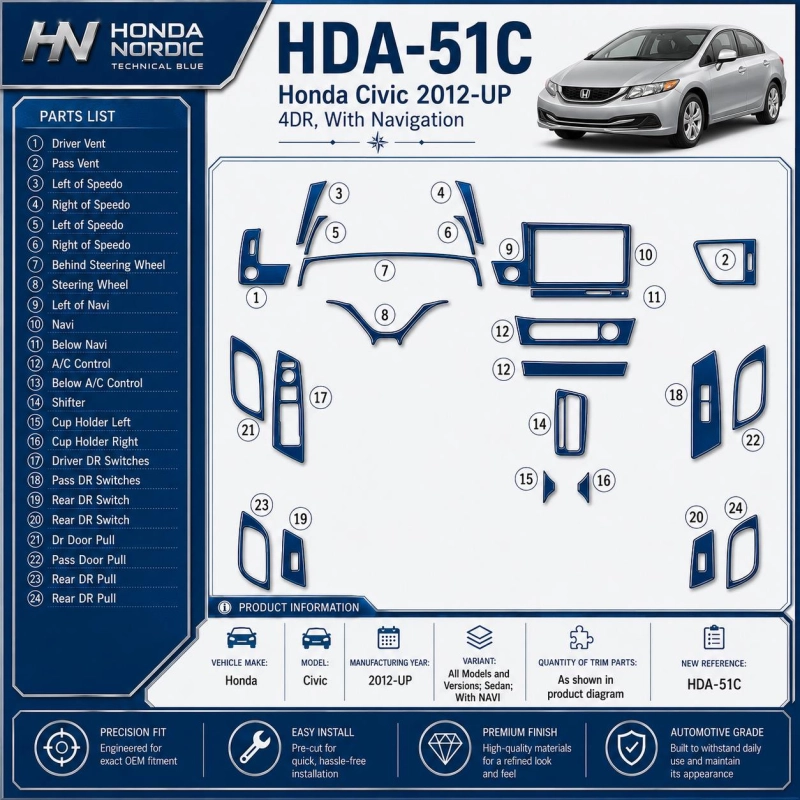 Honda Civic 2012-in poi Sedan; con navigatore kit rivestimento cruscotto e interni 3D