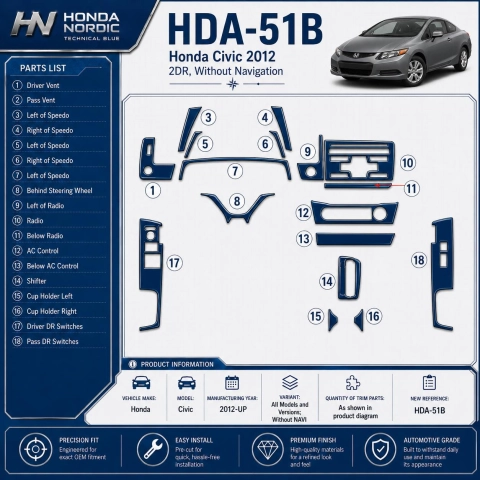 Honda Civic 2012-in poi senza navigatore kit rivestimento cruscotto e interni 3D