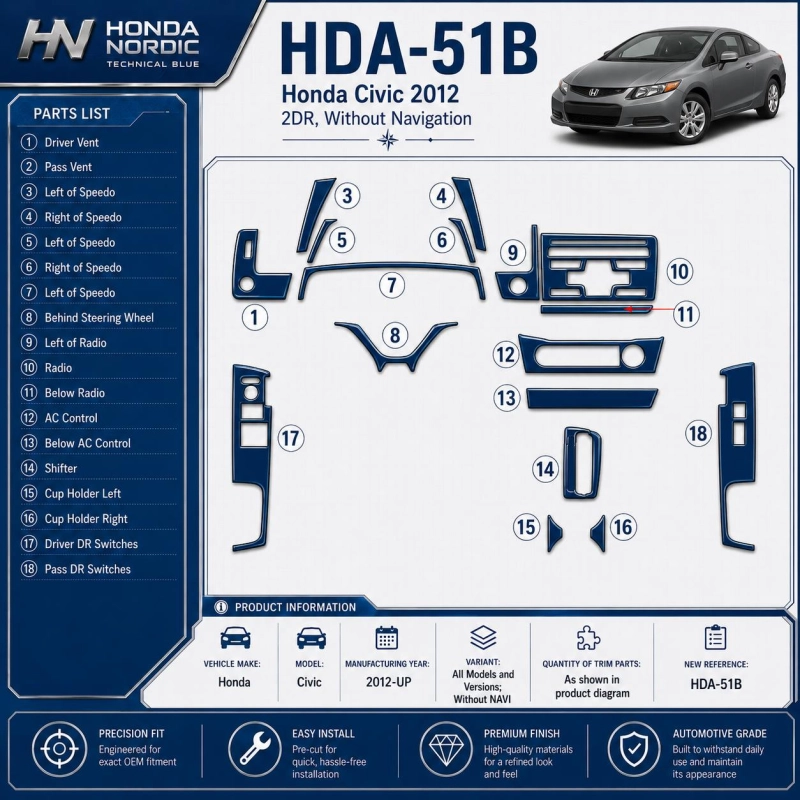 Honda Civic 2012-in poi senza navigatore kit rivestimento cruscotto e interni 3D