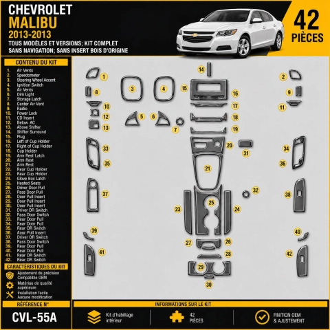 Chevrolet Malibu 2013-2013 set completo; senza navigatore,fits compl senza Fabric wood kit rivestimento cruscotto e interni 3D