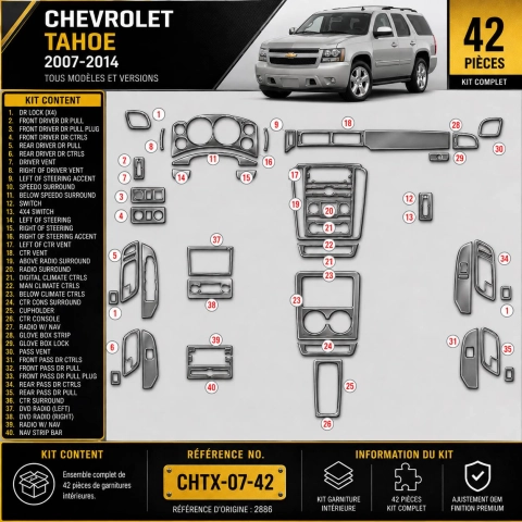 Chevrolet Tahoe 2007-2014 kit rivestimento cruscotto e interni 3D 42 pezzi