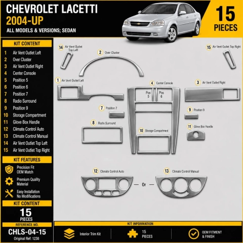Chevrolet Lacetti 2004-in poi Sedan kit rivestimento cruscotto e interni 3D 15 pezzi