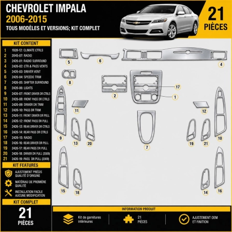 Chevrolet Impala 2006-2015 kit rivestimento cruscotto e interni 3D 21 pezzi