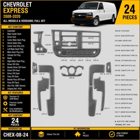 Chevrolet Express 2008-2020 kit rivestimento cruscotto e interni 3D 24 pezzi