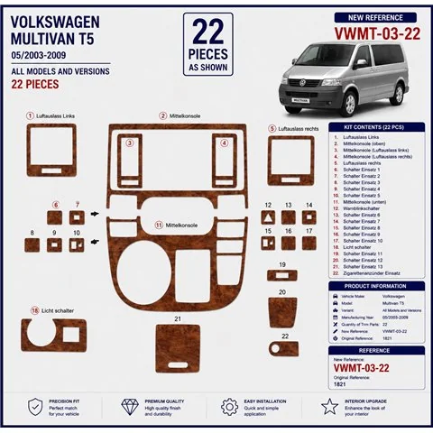 Volkswagen Multivan T5 2003-2009 kit cruscotto 3D, 22 pezzi 2