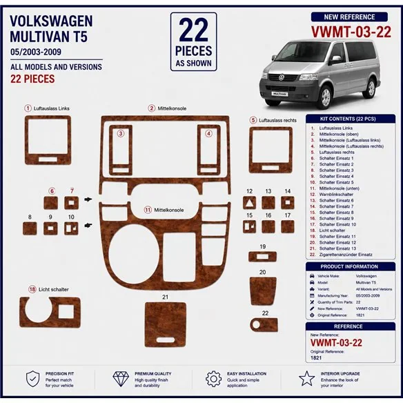 Volkswagen Multivan T5 2003-2009 kit cruscotto 3D, 22 pezzi